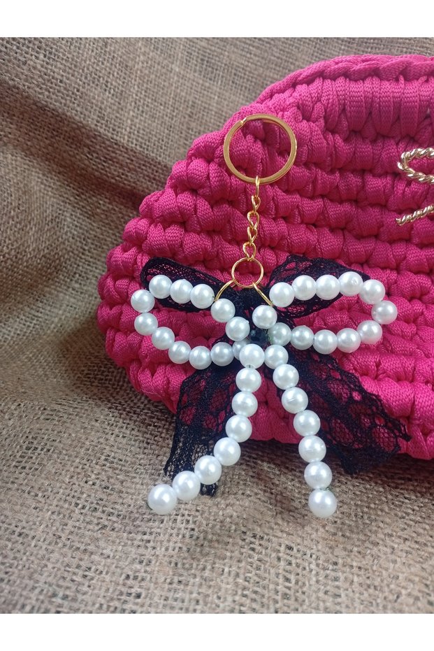 French Coquette Pearl Bow Keychain – Handmade Bag Accessory – Car Rearview Mirror Ornament –
