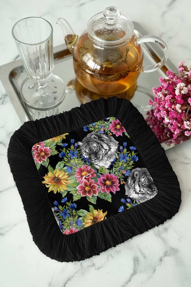 Luxurious Floral Tiger Fringed Stylish Serving Napkin - Elegant Bohemian Black Colored Under-Coffee Tray Napkin