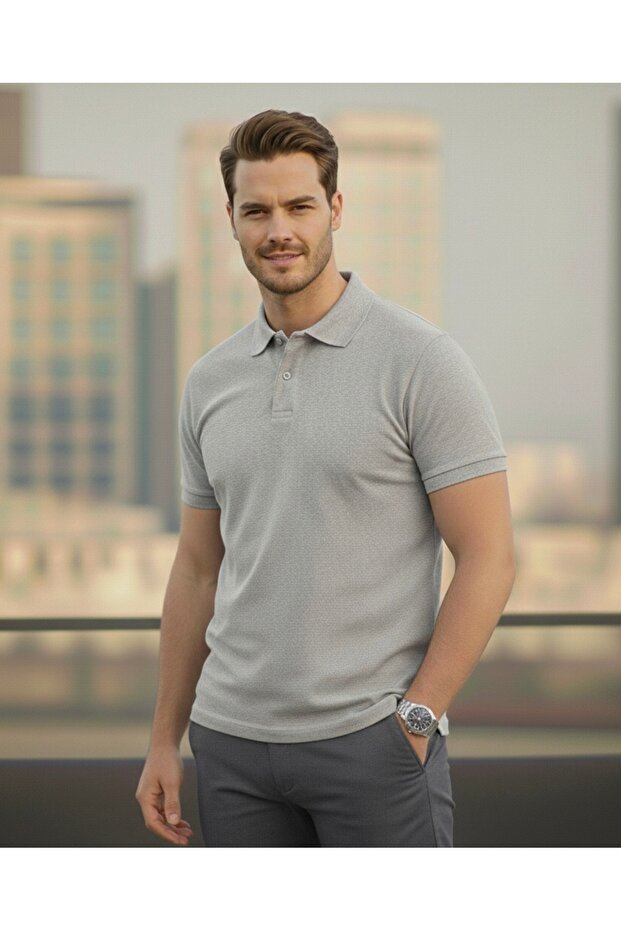Men's Cotton Fabric Gray Polo Collar T-Shirt
