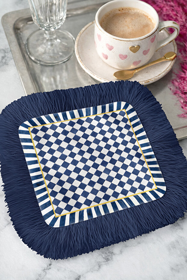 Elegant Geometric Fringed Bohemian Presentation Napkin - Modern Navy Blue Gold Color Coaster Tissue