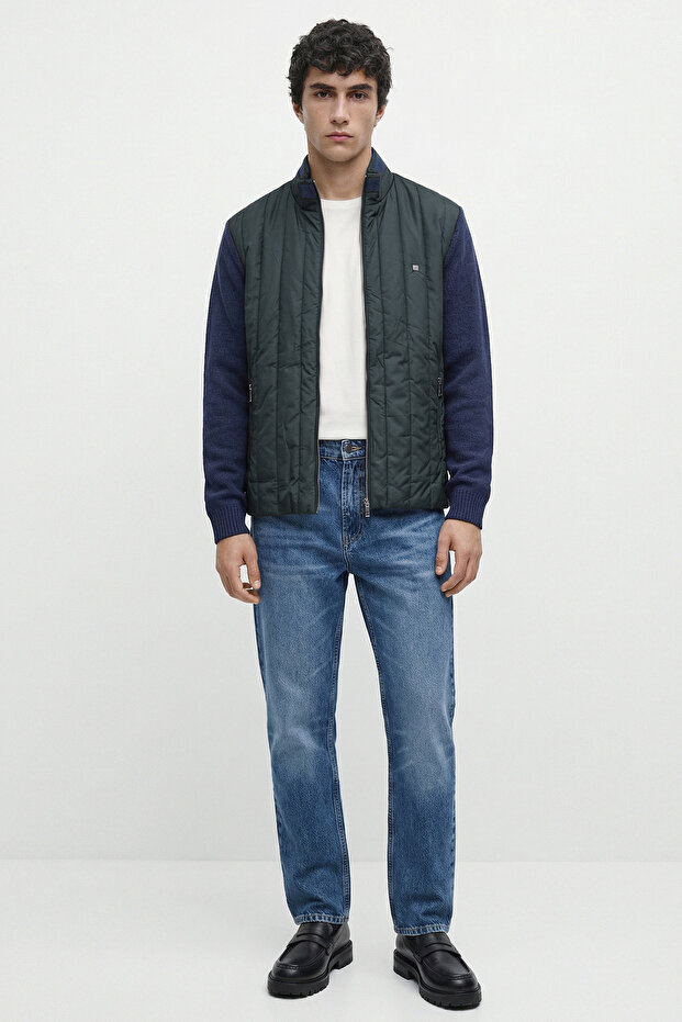 Full Zipper Quilted Knitwear Coat - Navy Blue - Green