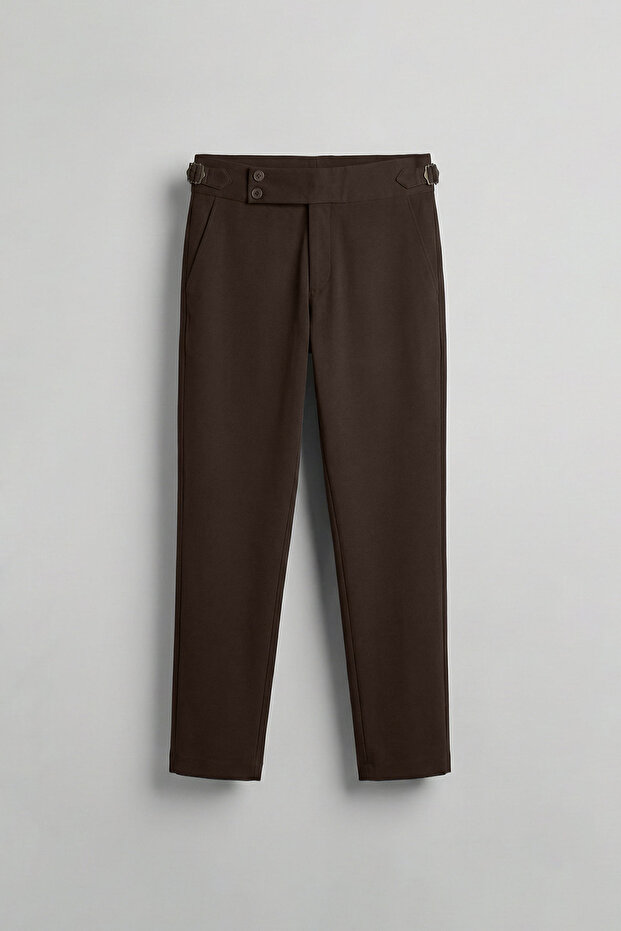 Men's Slim Fit Italian Cut Side Buckle Double Button Trousers Brown