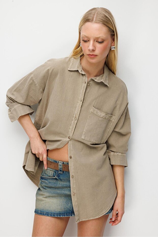 4820 Kadın Parça Boya Basic Gömlek Antik Vizon - 4