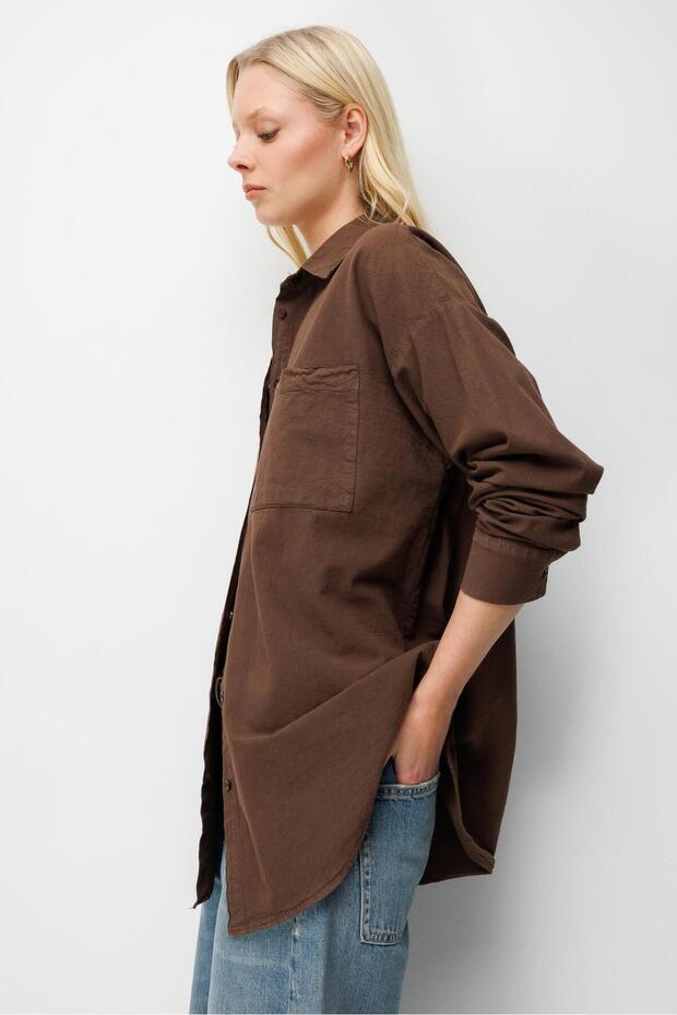 4820 Kadın Parça Boya Basic Gömlek Kahve - 4