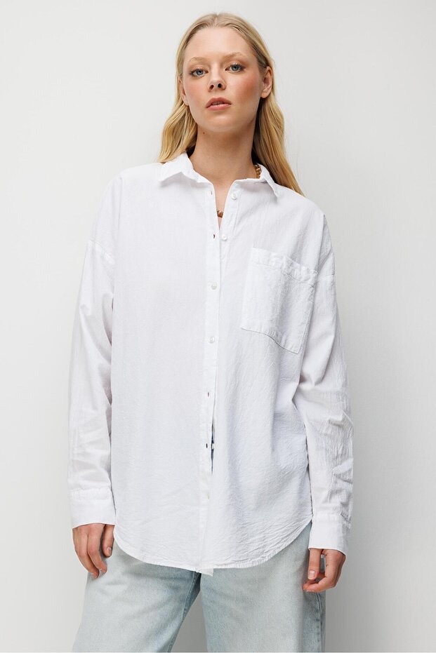 4820 Kadın Parça Boya Basic Gömlek Beyaz - 4