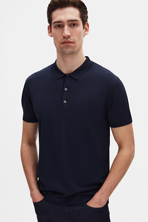 Ds Damat Slim Fit Navy Blue Plain Knit Summer Rayon Knitwear T-Shirt