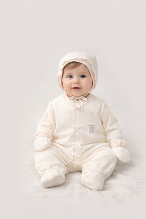 Baby Girl Ecru Cotton Jumpsuit Set – Newborn Hospital Release Set with Hat and Gloves, 4-Piece Set