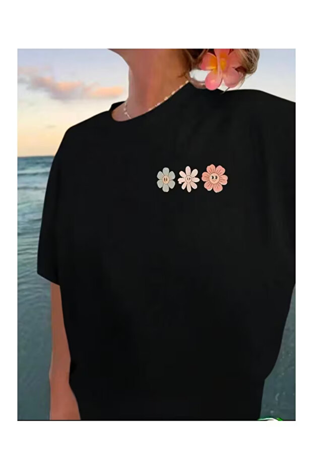 Ön & Arka Çoklu Çiçek Baskılı Basic Tişört - 1