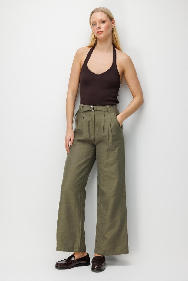 4808 women's wide leg trousers with buckle detail - khaki