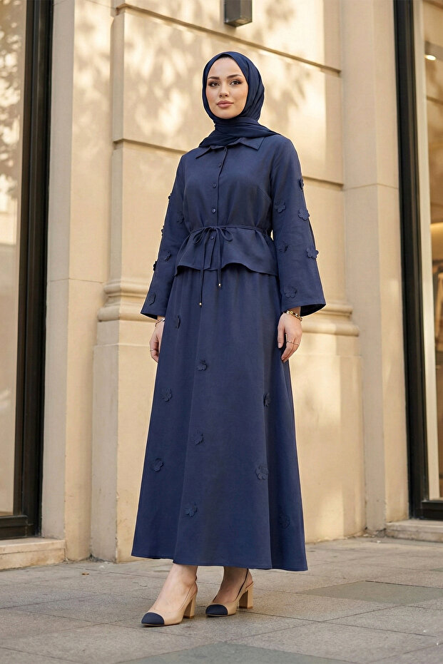 Floral Detailed Skirted Two-Piece Modal Navy Blue Suit