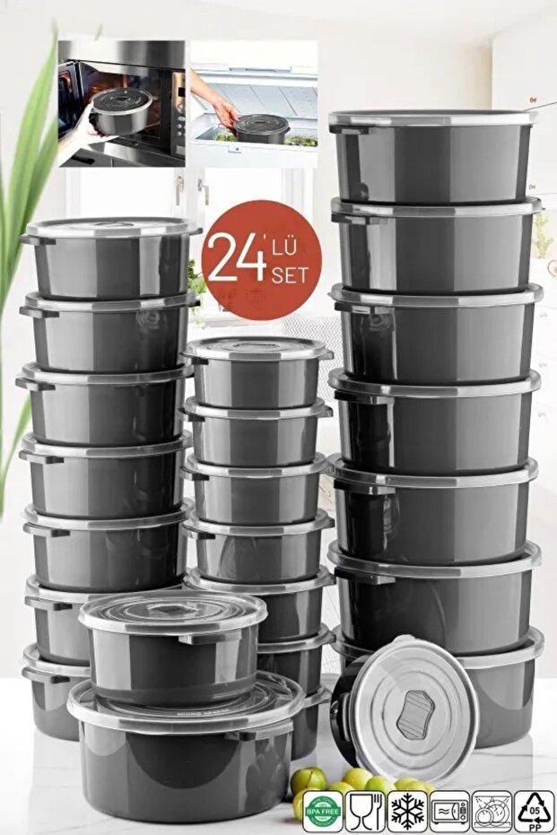 Set of 24 Storage Containers That Can Be Used in Microwave and Freezer, Round Anthracite