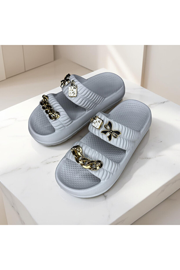 Women's Light Sole Double Band Chain Beach Pool Home Daily Slippers