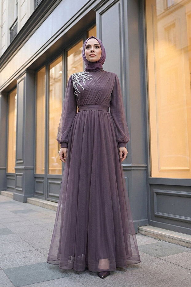 Draped Tulle Evening Dress with Stone Detail on the Shoulder - Cherry