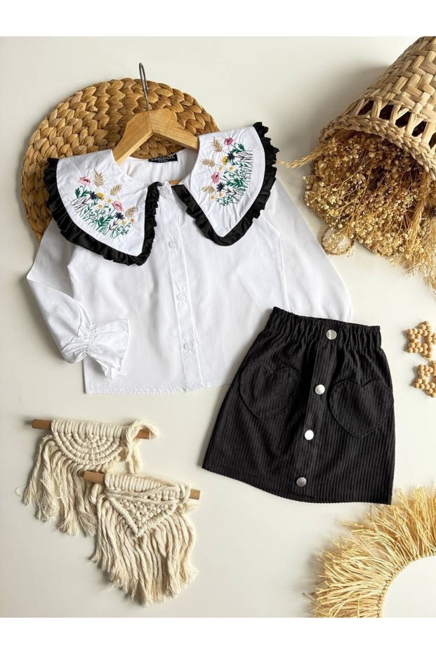 Girl's powder pink and black floral embroidered velvet skirt holiday outfit