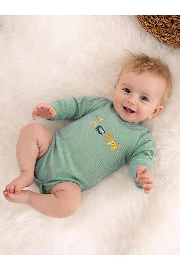 Animals Printed 0-3 Years Old Snap-On Badi - Khaki