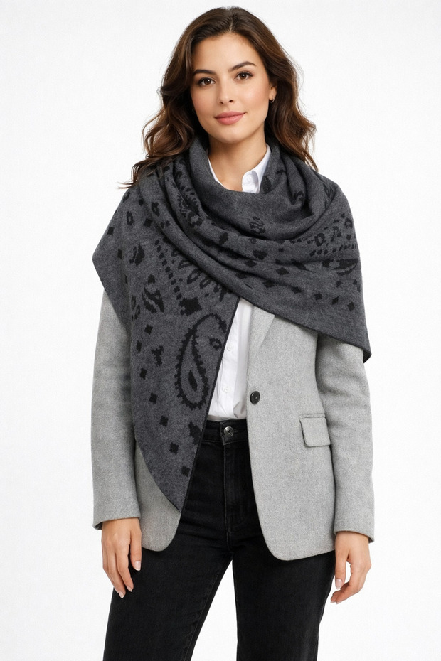 شال مثلث منسوج منقوش ذو وجهين - 1