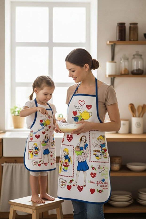مجموعة من 2 مريلة مطبخ مزخرفة بنمط الأم والابنة | مقاوم للسوائل، مقاوم للبقع | هدية - مريلة للأطفال والفعاليات