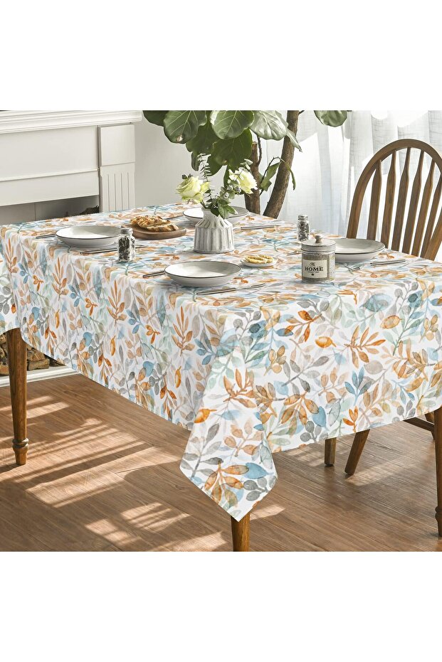 Rectangular Tablecloth - Polyester, Leaf Pattern - 130 x 220 cm, Blue/Orange - 3