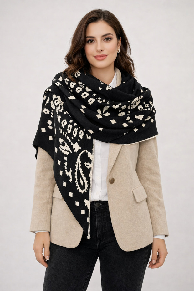 شال مثلث منسوج منقوش ذو وجهين - 4