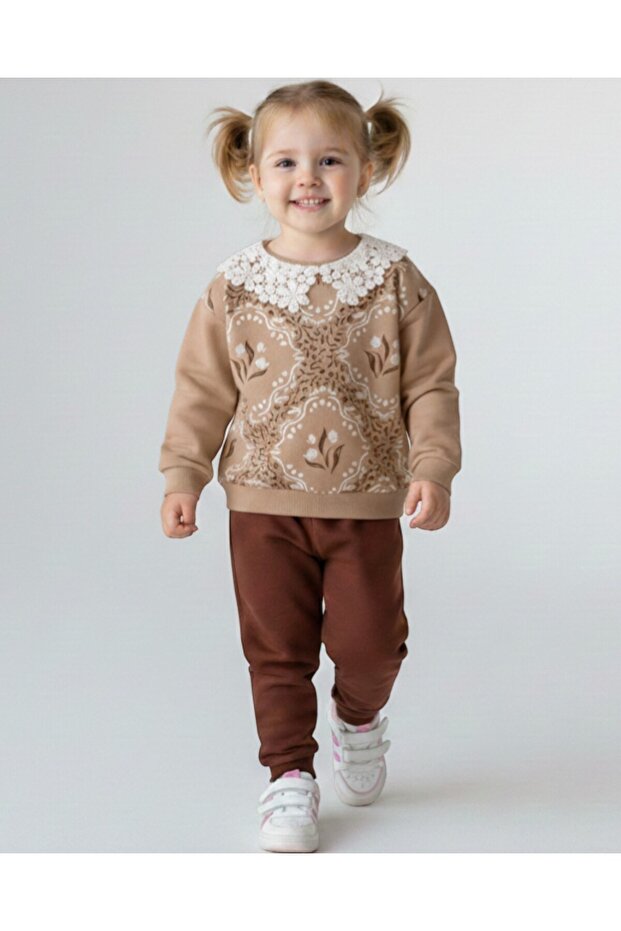 Girl's Seasonal Antique Patterned Baby Collar 2-3-4-5-6 Years Old 2 Thread Stylish Tracksuit Set