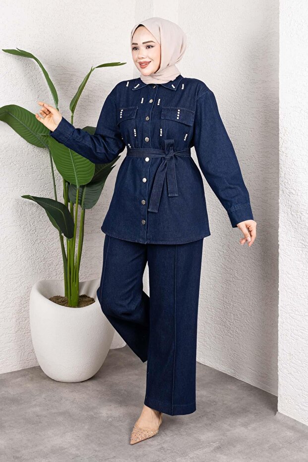 Stone Detailed Belted Denim Hijab Suit Dark Blue