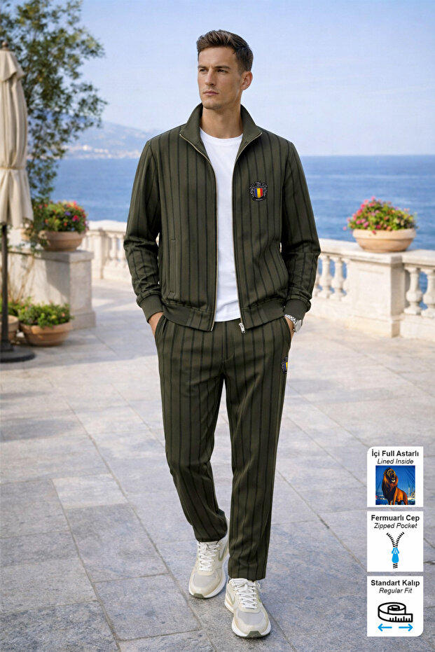 Khaki Romania Arma Printed Tracksuit Set with Zipper Pockets, Straight Leg, Striped Vortex Fabric for Men