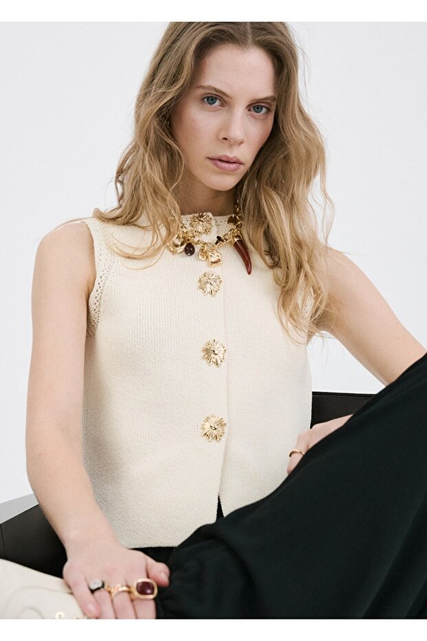 Kontrast şeritli triko yelek - 1