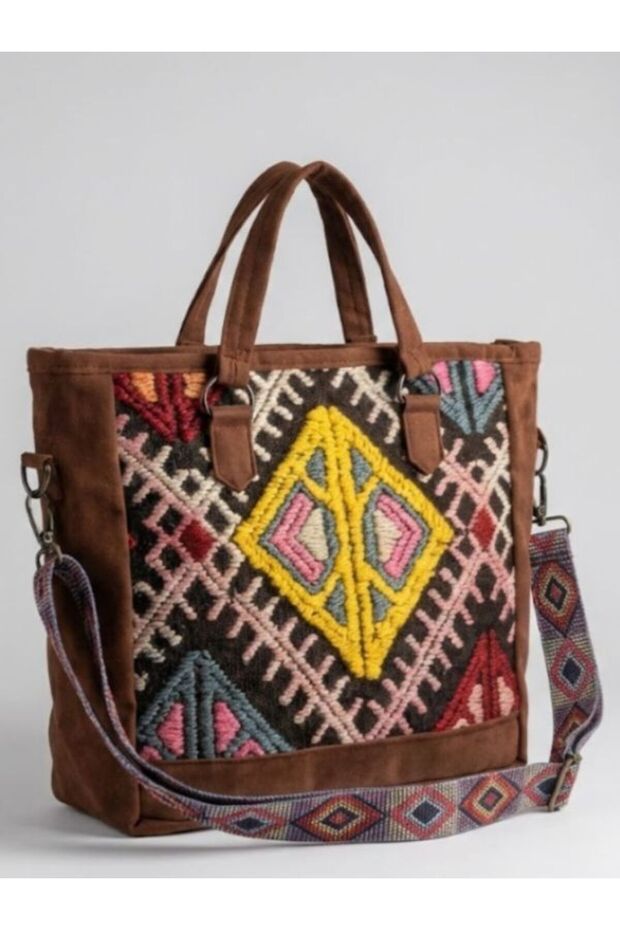 Handwoven Hand & Shoulder & Beach Bag (Kilim Patterned, Lined, Nubuck Leather)