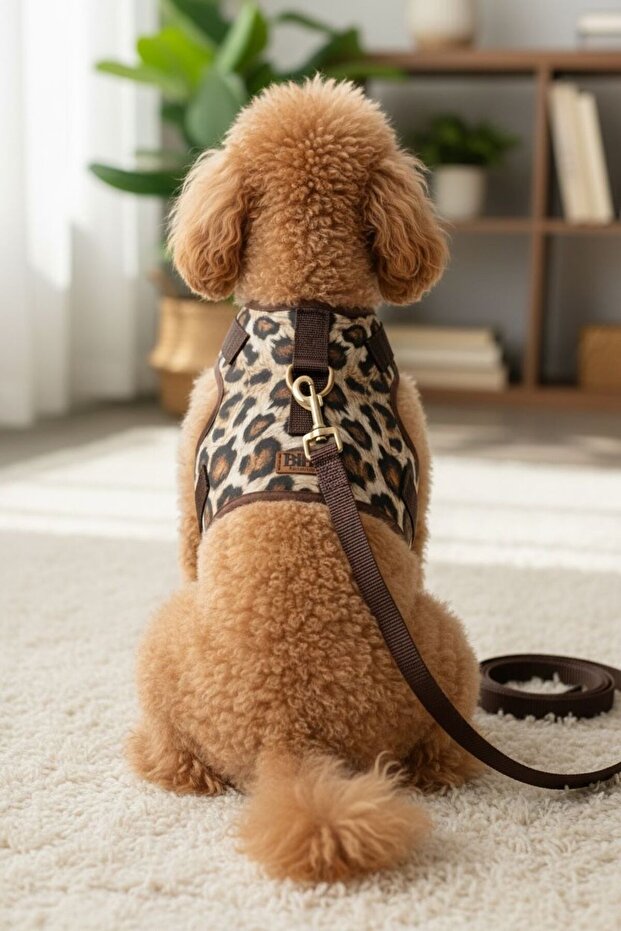 BiBa Pet Leopar Köpek Göğüs Tasması Seti Çekiştirme Önleyici/Nefes Alan Kumaş/Gezdirme Kayışı