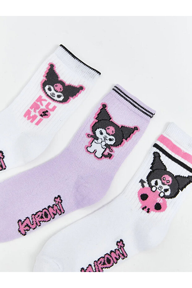 White Kuromi Patterned Girls' Socks 3-Piece Set
