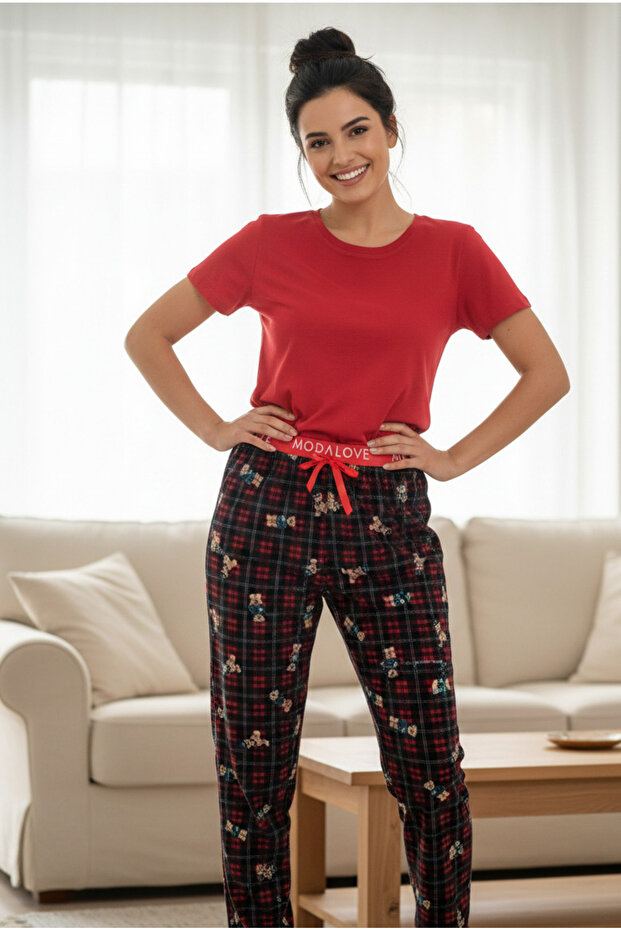 Women's Thin Tencel Velvet Pipe Leg Comfortable Cut Plaid Pajama Bottoms