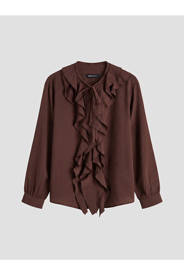 New season from gulis gi̇yi̇m brown tied collar ruffled oversize blouse