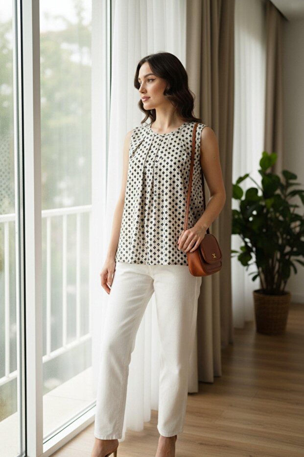 بلوزة جيرسيه منقوشة برقبة دائرية - بيج - 5