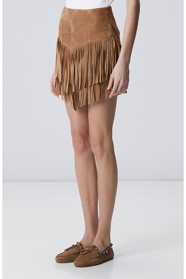 Camel Püsküllü Süet Deri Etek - 5