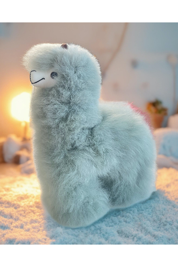 Handmade 100% Baby Alpaca Wool Plush Toy, Soft & Smooth "Aki Alpaca", Soft Grey, 22cm