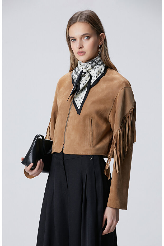 Camel Püsküllü Süet Deri Ceket - 1