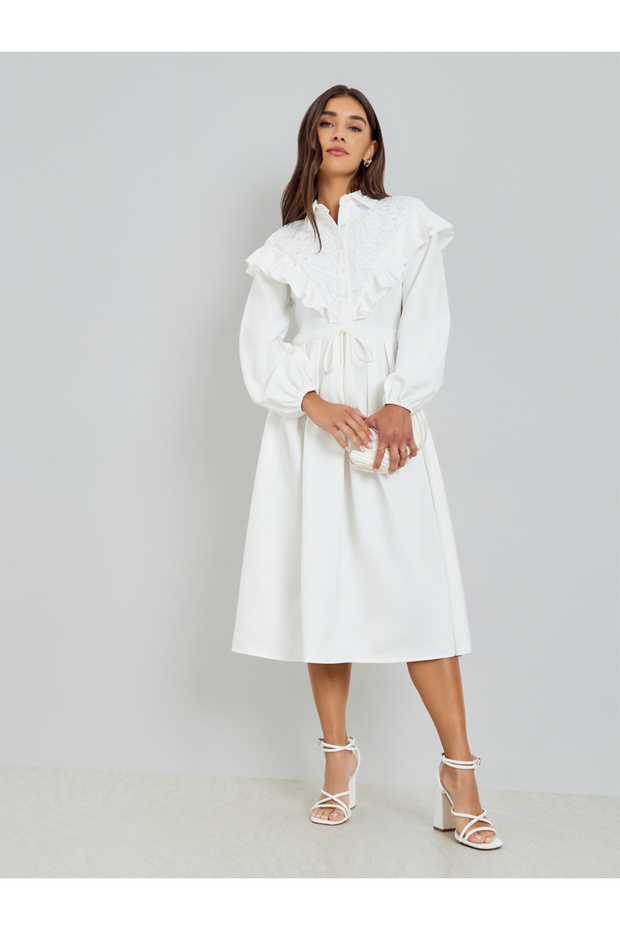 White Lace Collar Shirt Midi Dress