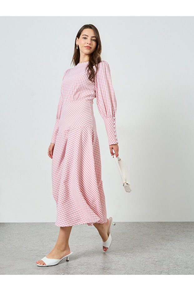 Pink Gingham Midi Dress with Button Cuff