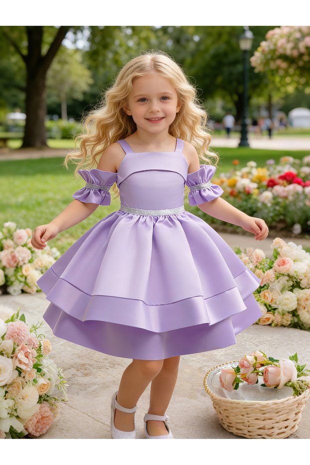 Girls Purple Pleated Strappy Dress