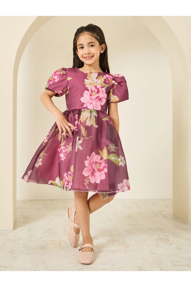 Girls Pink Floral Organza Dress