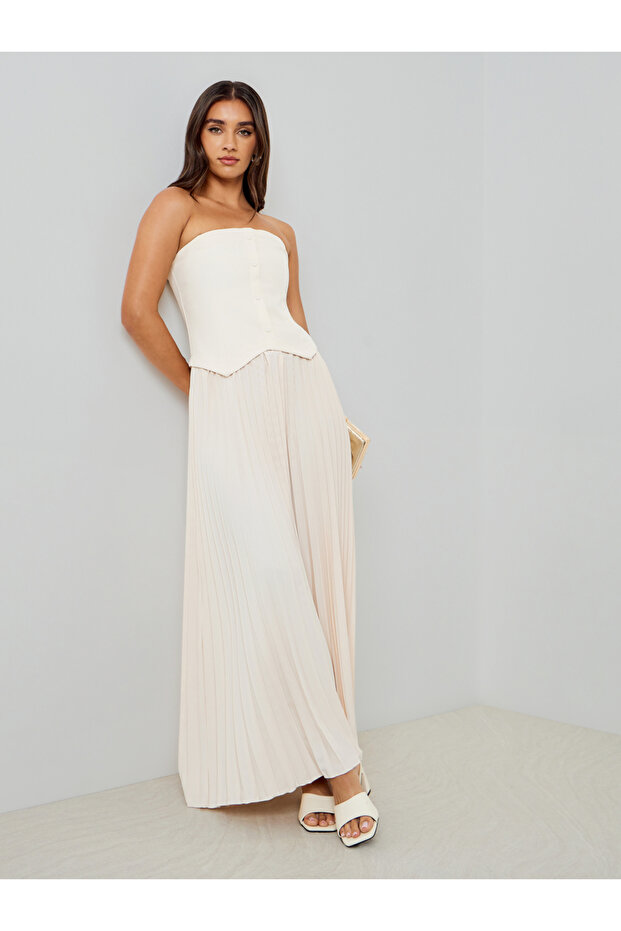 Women Cream Bandeau Pleated Maxi Dress