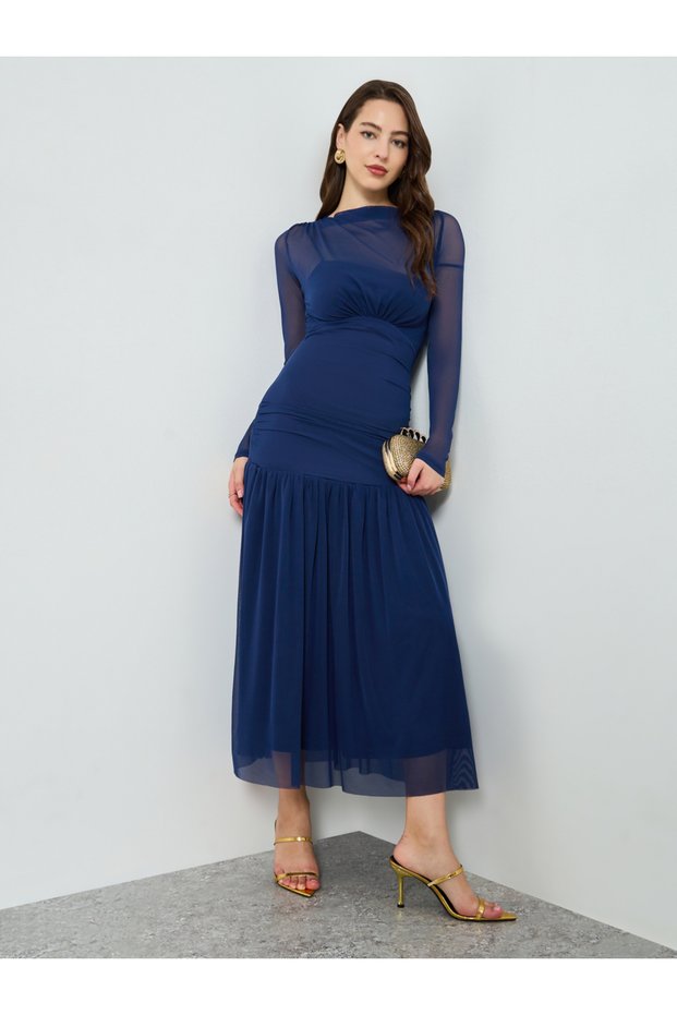 Women Blue Long Sleeve A-Line Maxi Dress