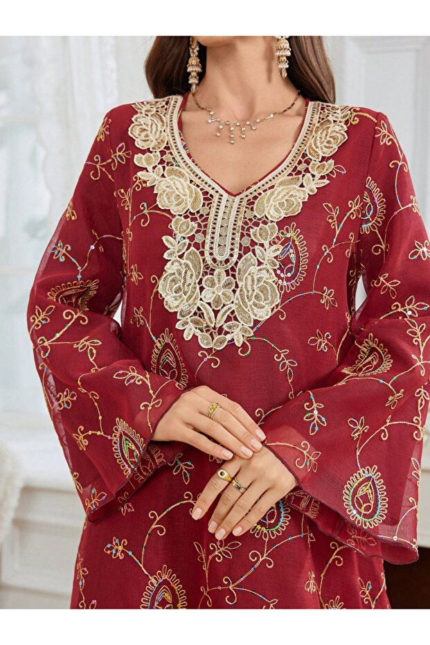 Burgundy Rhinestone Embellished A-Line Jalabiya