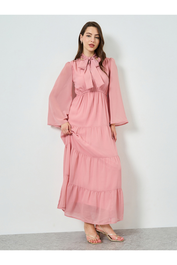 Women Pink Tiered Maxi Dress with Tie-Up Neck
