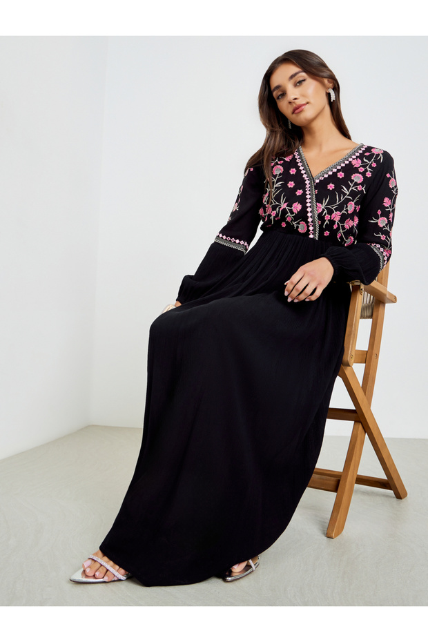 Women Embroidered V Neck Maxi Dress