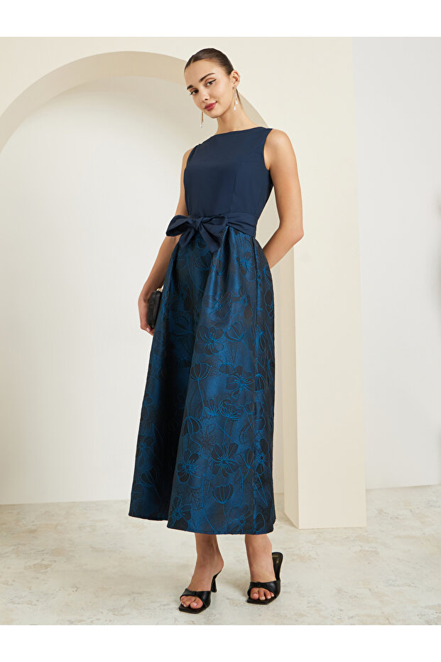 Navy Blue Floral Sleeveless Maxi Dress with Bow Detail