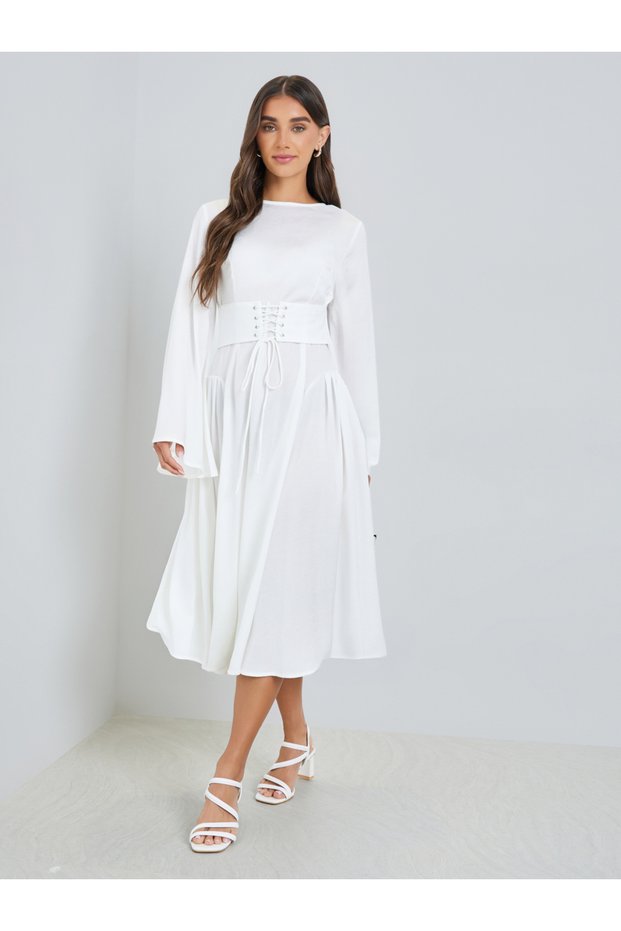 Women WhiteLong Sleeves A-Line Midi Dress