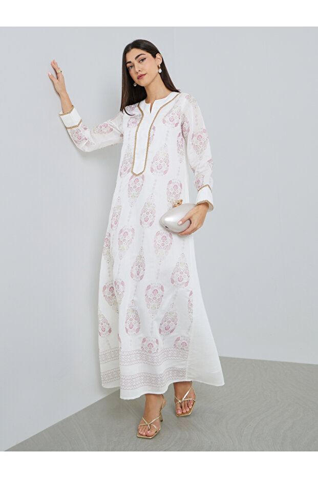 Women Cream Printed A-Line Jalabiya