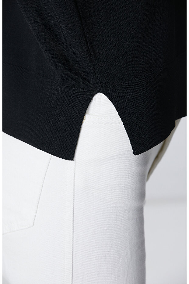 Siyah İnce Ribana Örgü Dik Yaka Rayon Basic Kazak - 6