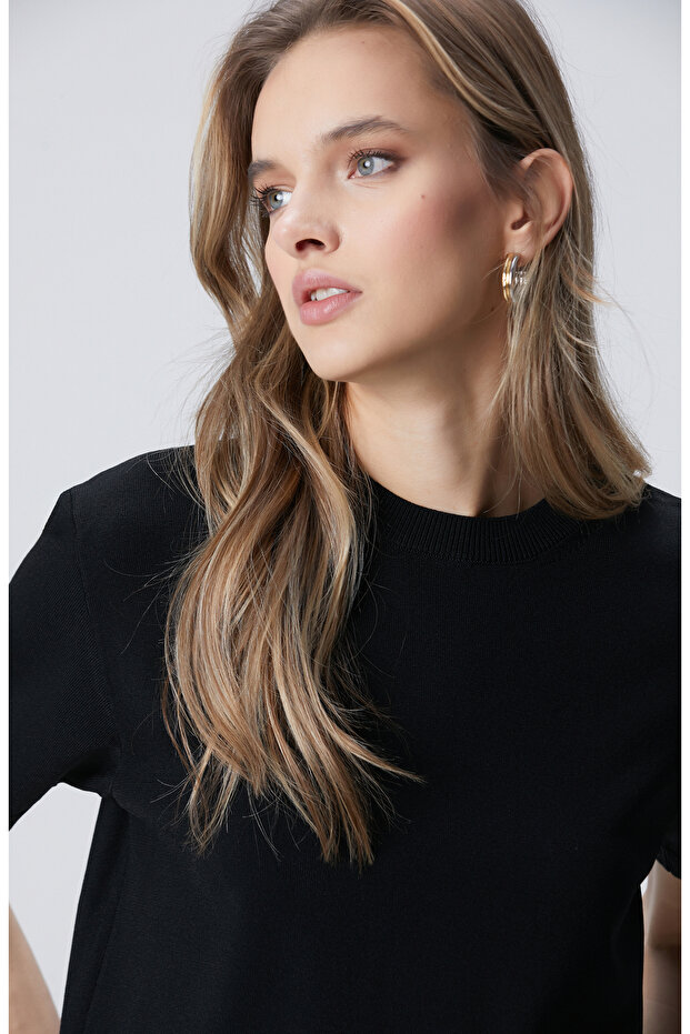 Siyah İnce Ribana Örgü Dik Yaka Rayon Basic Kazak - 2